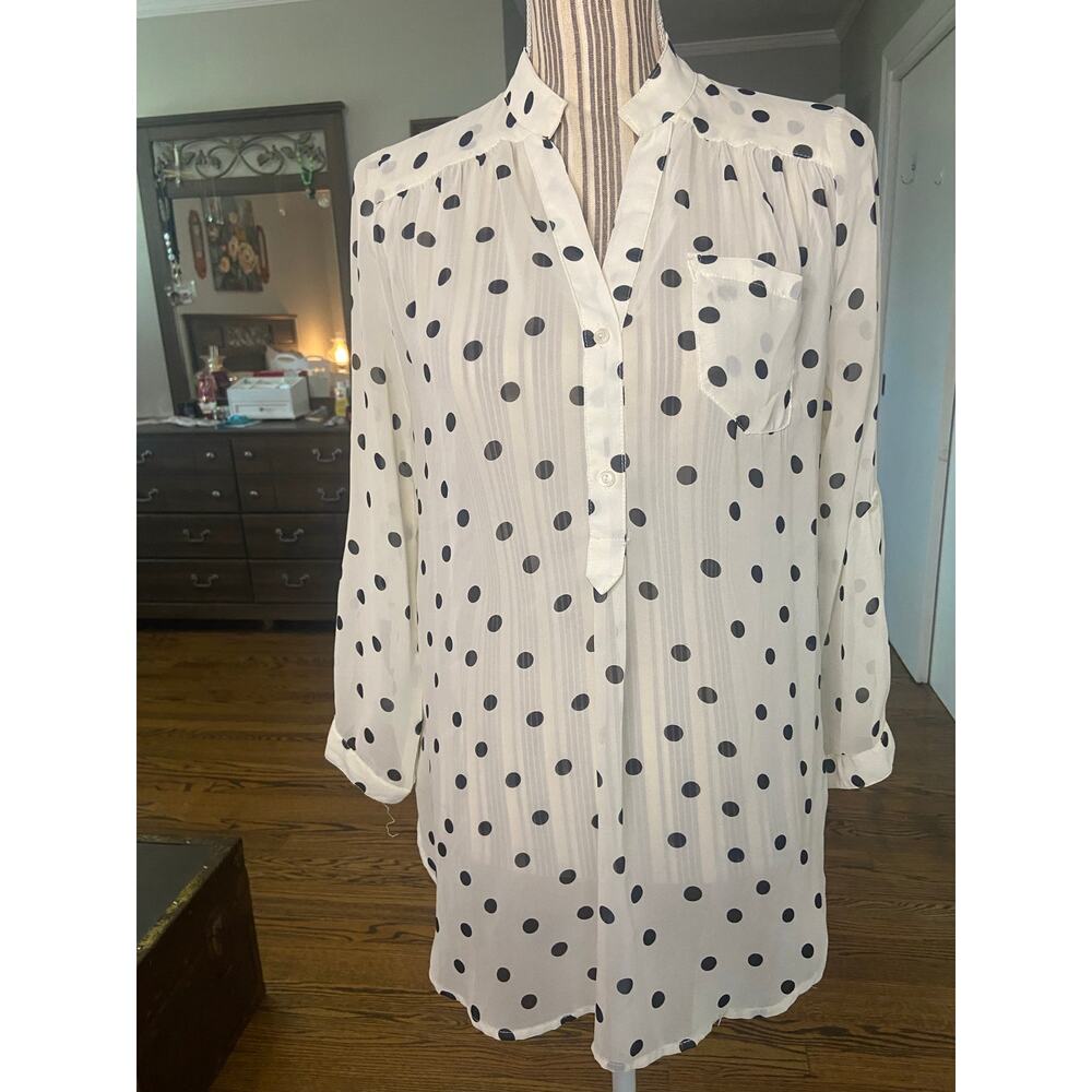 Birdcage ivory chiffon blouse with black polka dots